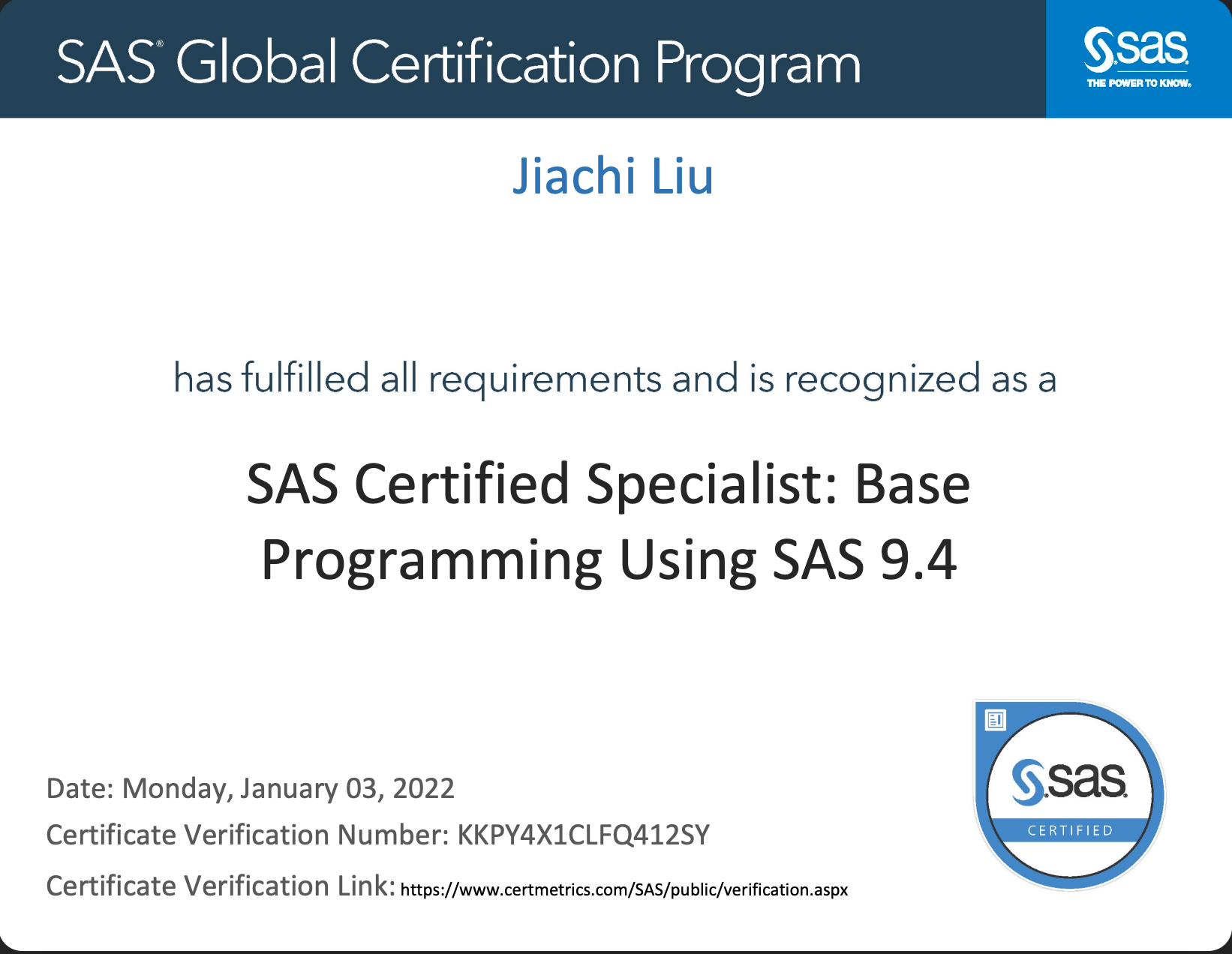 SAS Certified Specialist: Base Programming certificate